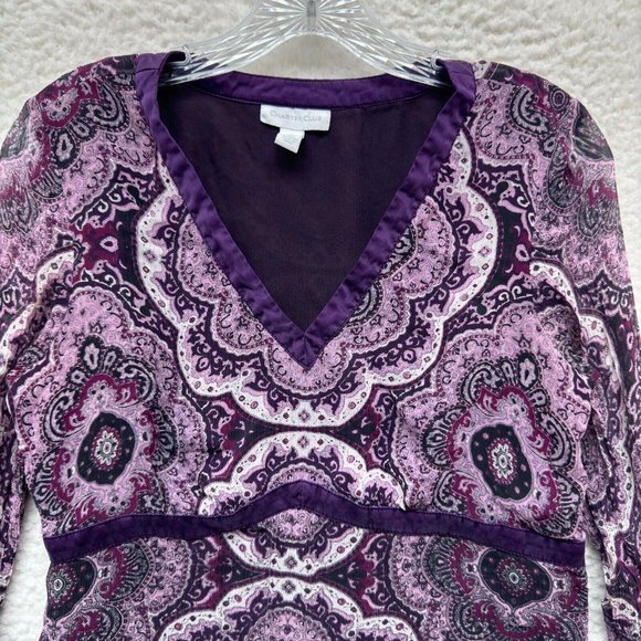 Y2K Vintage Silk Mesh Babydoll Blouse Top 6 M Medium Purple Paisley Boho Grunge - Picture 3 of 8
